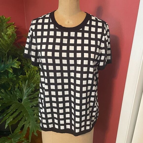 CALVIN KLEIN | black & white checkerboard polyester short sleeve blouse S - Picture 1 of 6